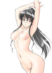 Rule 34 | 1990s (style), 1girl, armpits, arms up, black hair, breasts, brown hair, cowboy shot, female pubic hair, long hair, matsuoka chie, navel, nipples, nude, polorinken, ponytail, pubic hair, retro artstyle, sentimental graffiti, simple background, solo, white background