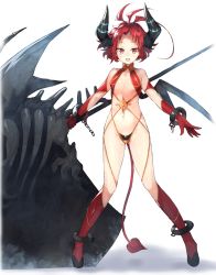 Rule 34 | 1girl, :d, antenna hair, bad id, bad pixiv id, bare shoulders, boots, breasts, chain, character request, collarbone, commentary request, copyright request, cuffs, demon tail, demon wings, forehead, full body, gloves, groin, horns, knee boots, navel, open mouth, red eyes, red footwear, red gloves, red hair, revealing clothes, shackles, shadow, short hair, simple background, small breasts, smile, solo, standing, stomach, suminagashi, tail, thighs, white background, wings