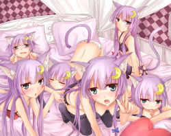 Rule 34 | 6+girls, animal ears, aqua eyes, bed, blush, bra, canopy bed, cat ears, cat girl, cat tail, clone, crescent, crescent hair ornament, female focus, garter belt, hair ornament, kemonomimi mode, lingerie, long hair, multiple girls, multiple persona, panties, patchouli knowledge, purple hair, ram hachimin, sitting, tail, thighhighs, touhou, underwear, underwear only