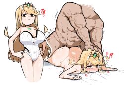 1boy 1girl bare_shoulders blonde_hair blush breasts chest_jewel cleavage earrings fried_bocky gem headpiece highres jewelry large_breasts long_hair looking_at_viewer mythra_(radiant_beach)_(xenoblade) mythra_(xenoblade) one-piece_swimsuit sex sex_from_behind strapless strapless_one-piece_swimsuit swept_bangs swimsuit tears tiara very_long_hair white_one-piece_swimsuit xenoblade_chronicles_(series) xenoblade_chronicles_2 yellow_eyes