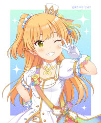 Rule 34 | 1girl, blush, commentary request, dress, gloves, green eyes, grin, hair ornament, hand on own hip, hand up, hat, idolmaster, idolmaster cinderella girls, idolmaster cinderella girls starlight stage, jougasaki rika, kaiware-san, long hair, looking at viewer, mini hat, one eye closed, orange hair, puffy short sleeves, puffy sleeves, short sleeves, smile, solo, sparkle, tilted headwear, twitter username, two side up, upper body, v over eye, very long hair, white dress, white gloves, white hat