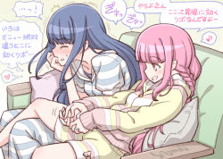 Rule 34 | 2girls, artist name, blue eyes, blue hair, blue pajamas, blunt bangs, blush, braid, breasts, closed eyes, couch, cushion, hand on own face, heart, long hair, magia record: mahou shoujo madoka magica gaiden, mahou shoujo madoka magica, medium breasts, multiple girls, nanami yachiyo, nanami yachiyo (pajamas costume), on couch, open mouth, pajamas, pink eyes, pink hair, pink pajamas, sidelocks, sitting, small breasts, smile, speech bubble, striped clothes, striped pajamas, studiozombie, tamaki iroha, tamaki iroha (pajamas costume), thought bubble, translation request, yuri