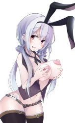 Rule 34 | 1girl, animal ears, arched back, belt, blush, breast hold, breasts, rabbit ears, curvy, fake animal ears, female focus, hair between eyes, hands on breasts, harenchi, heart pasties, large breasts, long hair, looking at viewer, low twintails, navel, open clothes, open mouth, original, panties, pasties, red eyes, scrunchie, silver hair, simple background, sleeveless, smile, solo, string panties, thighhighs, twintails, underwear, vest, white background, wide hips