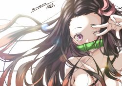 Rule 34 | 1girl, absurdres, artist name, bare shoulders, black hair, breasts, collarbone, hair ornament, highres, kamado nezuko, kimetsu no yaiba, long hair, looking at viewer, medium breasts, mike3284, multicolored hair, no shirt, one eye closed, pink ribbon, purple eyes, ribbon, signature, simple background, solo, v over eye, w, white background
