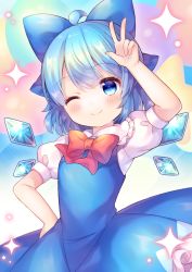 Rule 34 | 1girl, ;), ahoge, arm up, blue bow, blue dress, blue eyes, blue hair, blue wings, blush, bow, cirno, closed mouth, coa (chroo x), collared shirt, comiket 99, commentary request, detached wings, dress, frilled dress, frilled shirt collar, frills, hair bow, highres, ice, ice wings, looking at viewer, mini wings, one eye closed, puffy short sleeves, puffy sleeves, red bow, shirt, short sleeves, sleeveless, sleeveless dress, smile, solo, sparkle, touhou, w, white shirt, wings
