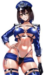 Rule 34 | 1girl, azur lane, baltimore (azur lane), baltimore (finish line flagbearer) (azur lane), bikini, black bikini, black choker, black gloves, blue bikini, blue hat, blue jacket, blue thighhighs, blush, breasts, brown hair, choker, cleavage, collarbone, cowboy shot, cropped jacket, gloves, grin, hair between eyes, hand on own hip, hat, highleg, highleg bikini, highres, jacket, large breasts, long sleeves, looking at viewer, micro shorts, military hat, mismatched bikini, navel, official alternate costume, race queen, short hair, shorts, simple background, single glove, smile, solo, swimsuit, thighhighs, thighs, underboob, volyz, white background, yellow eyes