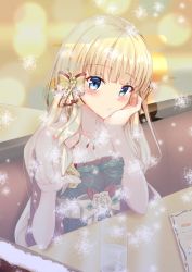 Rule 34 | 1girl, :t, bare arms, bare shoulders, blonde hair, blue eyes, blush, bow, breasts, brown bow, christmas, cleavage, closed mouth, collarbone, commentary request, condensation, couch, cup, dress, drinking glass, from outside, hair bow, hands up, highres, iseshi, jewelry, long hair, looking at viewer, medium breasts, necklace, on couch, princess connect!, red dress, saren (christmas) (princess connect!), saren (princess connect!), solo, strapless, strapless dress, table, very long hair, water, window fog