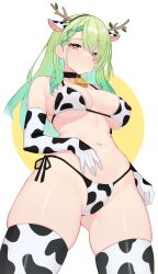Rule 34 | 1girl, absurdres, animal ears, animal print, antlers, bell, bikini, blush, braid, braided bangs, branch, breasts, ceres fauna, cleavage, commentary, cow ears, cow print, cow print bikini, cowbell, english commentary, green hair, highres, hololive, hololive english, horns, large breasts, long hair, looking at viewer, mole, mole under eye, moursho, neck bell, print bikini, solo, swimsuit, virtual youtuber, yellow eyes