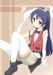 Rule 34 | 1girl, animal ears, arm support, blue hair, blush, commentary request, earrings, gloves, hair between eyes, heart, jewelry, korekara no someday, long hair, looking at viewer, love live!, love live! school idol project, rabbit ears, sitting, sleeveless, solo, sonoda umi, striped, thighhighs, tofu1601, white gloves, white thighhighs, yellow eyes