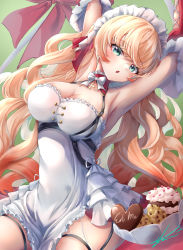 Rule 34 | 1girl, :o, aqua eyes, azur lane, blonde hair, blush, bow, bowtie, breasts, cleavage, food, hands up, highres, howe (azur lane), howe (pastry princess) (azur lane), large breasts, long hair, looking at viewer, maid, maid headdress, official alternate costume, open mouth, solo, thighs, yam (yam6056)