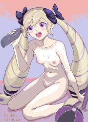 Rule 34 | 1boy, 1girl, absurdres, artist name, ball, beachball, black bow, blonde hair, blush stickers, bow, breasts, cerealxs, collarbone, completely nude, disembodied penis, drill hair, elise (fire emblem), feet out of frame, fire emblem, fire emblem fates, hair bow, hair ornament, highres, long hair, navel, nipples, nude, open mouth, penis, penis grab, purple eyes, sitting, small breasts, smile, solo focus, teeth, textless version, thighs, twin drills, twintails, upper teeth only, very long hair, wariza