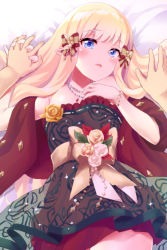 Rule 34 | 1girl, bare shoulders, blonde hair, blush, bow, breasts, dress, elf, hair bow, highres, interlocked fingers, jewelry, layered dress, long hair, looking at viewer, lying, medium breasts, necklace, on back, open mouth, pointy ears, princess connect!, red dress, ryuki (ryukisukune), saren (christmas) (princess connect!), saren (princess connect!), shawl, solo focus