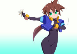 Rule 34 | 1girl, aile (mega man zx), aqua background, black bodysuit, blue jacket, bodysuit, bodysuit under clothes, breasts, brown hair, commentary request, cropped jacket, gradient background, green eyes, jacket, kaidou zx, long hair, looking to the side, mega man (series), mega man zx, mega man zx advent, no pants, open clothes, open jacket, ponytail, small breasts, solo, spiked hair, white background