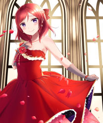 Rule 34 | 1girl, bow, braid, breasts, day, dress, gloves, grey gloves, hand up, highres, indoors, looking at viewer, love live!, love live! school idol festival, love live! school idol project, medium hair, mobukichi, nishikino maki, petals, purple eyes, red bow, red dress, red hair, skirt hold, small breasts, smile, solo, window