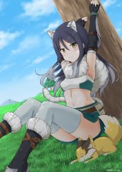 Rule 34 | 1girl, animal, animal ear fluff, animal ears, armpits, arms up, ass, bandeau, belt, black footwear, black gloves, black hair, blue sky, blush, boots, breasts, brown belt, cloud, commentary, cowboy shot, day, elbow gloves, fingerless gloves, fox, fur-trimmed boots, fur collar, fur scarf, fur trim, gauntlets, gloves, gradient hair, grass, green skirt, grey hair, hair between eyes, highres, knee boots, long hair, looking at viewer, midriff, mountainous horizon, multicolored hair, navel, outdoors, princess connect!, shade, shiori (princess connect!), side slit, sidelocks, sitting, skirt, sky, small breasts, smile, solo focus, split mouth, striped tail, tail, thighhighs, tiger ears, tiger girl, tiger tail, tree, twitter username, under tree, white thighhighs, yellow eyes, yuuki kazuhito, zettai ryouiki