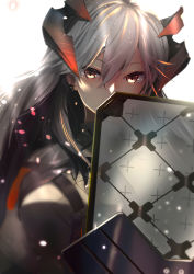 Rule 34 | 1girl, absurdres, arknights, brown eyes, commentary, grey shirt, hair between eyes, highres, horns, light particles, long hair, looking at viewer, ochkis, saria (arknights), shield, shirt, silver hair, simple background, solo, upper body, white background