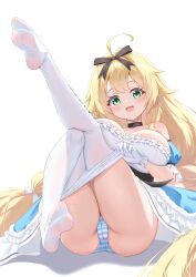 Rule 34 | 1girl, absurdres, ahoge, ass, azur lane, bare shoulders, black choker, black ribbon, blonde hair, braid, breasts, choker, feet, feet up, foot focus, foreshortening, frilled gloves, frills, gloves, hair ribbon, highres, large breasts, le temeraire (azur lane), le temeraire (muse) (azur lane), long hair, looking at viewer, no shoes, official alternate costume, panties, pantyhose, qian hen, ribbon, simple background, skirt, smile, soles, thighhighs, toes, twin braids, underwear, white background, white gloves, white ribbon, white thighhighs