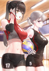 Rule 34 | 2girls, :o, ball, bare shoulders, black hair, black shorts, blush, breasts, ceiling light, clothes lift, commentary request, cowboy shot, elbow pads, gym, hair tie, hand on own hip, highres, holding, holding ball, indoors, kfr, large breasts, lifting own clothes, long hair, looking at viewer, multiple girls, navel, open mouth, original, ponytail, purple eyes, shirt lift, shorts, sidelocks, silver hair, sleeveless, stomach, sweat, toned, volleyball, volleyball (object), volleyball net, wiping sweat, yellow eyes