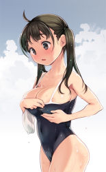 Rule 34 | 1girl, adjusting clothes, ahoge, ass, bare shoulders, black eyes, black hair, black one-piece swimsuit, blush, breasts, cameltoe, cleavage, competition school swimsuit, covered navel, cowboy shot, day, embarrassed, from side, large breasts, long hair, nipple slip, nipples, one-piece swimsuit, open mouth, original, outdoors, ryoji (nomura ryouji), school swimsuit, skin tight, solo, standing, surprised, unworn swim cap, swimsuit, twintails, wet, wet hair, wide-eyed