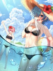 Rule 34 | 2girls, absurdres, arm up, bad id, bad pixiv id, ball, barefoot, beachball, bikini, black bikini, blue eyes, blue hair, blue sky, breasts, cleavage, clothes lift, cloud, commentary request, day, female focus, fish, flower, hair ornament, hair over one eye, hand up, harusame (user wawj5773), hat, hat flower, hibiscus, highres, holding, holding ball, holding beachball, huge filesize, lifted by self, looking at viewer, matching hair/eyes, medium breasts, multiple girls, navel, ocean, one eye closed, open mouth, outdoors, partially underwater shot, pink eyes, pink hair, ram (re:zero), re:zero kara hajimeru isekai seikatsu, red flower, rem (re:zero), see-through, shirt, shirt lift, short hair, short sleeves, siblings, side-tie bikini bottom, sisters, sky, smile, standing, straw hat, sunlight, swimsuit, teeth, thighs, twins, underboob, underwater, upper teeth only, wading, water, wet, wet clothes, wet shirt, white shirt, x hair ornament