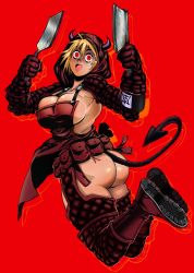 Rule 34 | 1girl, absurdres, apron, ass, belt pouch, black horns, blonde hair, boots, breasts, butcher knife, chaps, cleavage, crazy eyes, demon tail, detached sleeves, dorohedoro, full body, gloves, highres, hood, horns, jumping, large breasts, legs together, naked apron, nikaidou (dorohedoro), no panties, normov, open mouth, pouch, red background, red eyes, short hair, sideboob, solo, spatula, tail, thick thighs, thighs