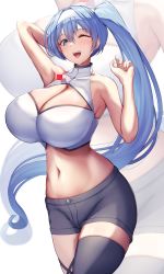 Rule 34 | 1girl, absurdres, bare arms, bare shoulders, black shorts, black thighhighs, blue eyes, blue hair, blush, breasts, commentary request, commission, highres, huge breasts, jewelry, long hair, looking at viewer, navel, necklace, one eye closed, original, parted lips, ponytail, short shorts, shorts, side ponytail, skeb commission, sleeveless, solo, thighhighs, thighs, tiri man