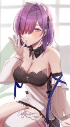 Rule 34 | 1girl, azur lane, black dress, blue ribbon, breasts, cafenami, cleavage, detached collar, detached sleeves, dress, finger in own mouth, framed breasts, highres, medium hair, penelope (azur lane), penelope (salty maid) (azur lane), purple eyes, purple hair, ribbon, single thighhigh, solo, thighhighs, two-tone dress, white dress, white thighhighs
