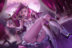 Rule 34 | absurdres, alcohol, aling (shanatans), black panties, blonde hair, bottle, cake, cake slice, candle, cup, dress, drinking glass, food, highres, league of legends, lux (league of legends), panties, purple eyes, underwear, white dress, wine, wine bottle, wine glass