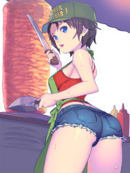 Rule 34 | 1girl, apron, ass, back, bare shoulders, baseball cap, blue eyes, blue shorts, bottle, breasts, brown hair, clothes writing, cooking, cowboy shot, cutoffs, denim, denim shorts, enkyo yuuichirou, food, food stand, from behind, green hat, grill, hat, headwear writing, highres, hisho collection, holding, kebab, ketchup, knife, lipstick, looking at viewer, looking back, makeup, meat, medium breasts, mustard, open mouth, original, pink lips, pocket, rotisserie, short hair, short shorts, shorts, sideboob, solo, standing, sweat, tank top, thighs, tongue, tongue out, vertical rotisserie, white background