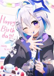 Rule 34 | 1girl, ahoge, amane kanata, amane kanata (punk rock), angel, angel wings, asymmetrical hair, bear hair ornament, birthday cake, black collar, black jacket, blue hair, blue halo, blue nails, blue wings, blurry, blurry foreground, blush, bob cut, cake, character print, closed mouth, collar, colored inner hair, commentary, dated, double-parted bangs, feathered wings, food, fork, fragir, gradient wings, grey hair, hair between eyes, hair ornament, hairclip, halo, hands up, happy birthday, highres, holding, holding fork, hololive, hood, hood down, hooded jacket, jacket, long sleeves, looking at viewer, mini wings, multicolored hair, multicolored wings, nail polish, official alternate costume, official alternate hairstyle, one eye closed, open clothes, open jacket, pink hair, print shirt, punk, purple eyes, self character print, shirt, short hair, sidelocks, single hair intake, smile, solo, star halo, streaked hair, tongue, tongue out, upper body, virtual youtuber, white shirt, white wings, wings, x hair ornament