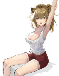 Rule 34 | 1girl, absurdres, ahoge, animal ears, arknights, armpits, arms up, bare legs, blonde hair, breasts, cleavage, covered erect nipples, hair between eyes, highres, large breasts, lion ears, looking at viewer, medium hair, midriff, open mouth, ponytail, red shorts, short shorts, shorts, siege (arknights), simple background, sitting, solo, stretching, tank top, thighs, wavy mouth, white background, white tank top, yellow eyes, yuxia (please6)