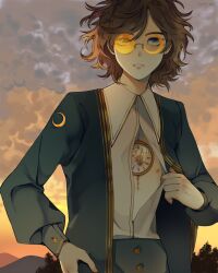 Rule 34 | 1boy, bare pectorals, blue eyes, blue jacket, blue panties, brown hair, buttons, chin, clock, clothes pull, cloud, cloudy sky, collared shirt, commentary, crescent print, english commentary, eyelashes, fingernails, frown, gold trim, hand on own hip, highres, hoshi-pan, jacket, long sleeves, looking at viewer, male focus, messy hair, mountainous horizon, nipples, novelty glasses, open clothes, open jacket, original, outdoors, painttool sai (medium), panties, parted lips, pectorals, pulling own clothes, round eyewear, shirt, shirt pull, short hair, sky, solo, sunglasses, sunset, teeth, tinted eyewear, tree, underwear, white shirt, yellow-tinted eyewear
