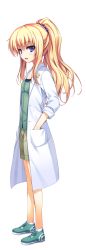 Rule 34 | 1girl, absurdres, blonde hair, blue eyes, full body, hair ornament, hand in pocket, highres, kurayashiki kazuha, lab coat, long hair, looking at viewer, non-web source, open mouth, ponytail, reminiscence, reminiscence re:collect, shoes, shorts, simple background, smile, sneakers, solo, tomose shunsaku, transparent background, white background