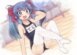 Rule 34 | 1girl, bad id, blue eyes, blue hair, blush, borrowed character, bow, commission, female focus, hair bow, lillithlauda, name tag, one-piece swimsuit, open mouth, original, poolside, second-party source, sidelocks, sitting, solo, swimsuit, tareme, teeth, thighhighs, twintails, upper teeth only, wet, white thighhighs