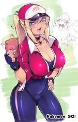 Rule 34 | 10s, 1girl, bad id, bad pixiv id, baseball bat, blonde hair, blue eyes, breasts, cameltoe, cellphone, cleavage, creatures (company), female protagonist (pokemon go), fingerless gloves, game freak, gen 1 pokemon, gloves, hat, kamaboko (ossann0125), large breasts, long hair, looking at viewer, nintendo, phone, pidgeotto, pidgey, pokemon, pokemon (creature), pokemon go, ponytail, smartphone, smile, solo, thighs