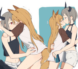 Rule 34 | 2girls, alternate costume, animal ears, arknights, arms around neck, black tank top, blonde hair, bottomless, breasts, casual, ceobe (arknights), coldcat., cow horns, dog ears, dog girl, dog tail, closed eyes, facing another, fingering, grey hair, highres, horns, hug, kiss, long hair, looking at another, midriff, multiple girls, navel, red eyes, short hair, short sleeves, small breasts, sweat, tail, tank top, tearing up, vulcan (arknights), yuri