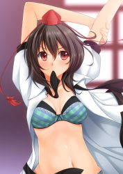 Rule 34 | 1girl, arms up, bad id, bad pixiv id, black hair, blush, bra, breasts, brown hair, chiro, female focus, hat, lingerie, looking at viewer, mouth hold, navel, open clothes, open shirt, panties, red eyes, shameimaru aya, shirt, solo, tokin hat, touhou, underwear
