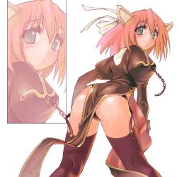 Rule 34 | 1girl, animal ears, ass, blush, cat ears, chain, juliet sleeves, long sleeves, morii shizuki, priest, priest (ragnarok online), puffy sleeves, ragnarok online, solo, thighhighs, white background, zoom layer