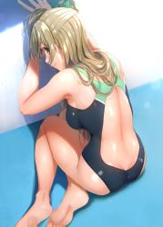 Rule 34 | 1girl, ass, bare shoulders, barefoot, black one-piece swimsuit, brown eyes, brown hair, butt crack, competition swimsuit, duplicate, from behind, full body, kitiroku, long hair, love live!, love live! school idol project, minami kotori, one-piece swimsuit, one side up, sitting, solo, swimsuit, yokozuwari