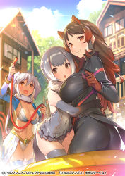 Rule 34 | 3girls, :d, animal ears, arm around waist, ass, bikini, breasts, brown eyes, brown hair, cleavage, closed mouth, company name, copyright notice, covered navel, dark-skinned female, dark skin, day, detached sleeves, elbow gloves, elephant ears, elephant tail, extra ears, fur collar, gloves, grey gloves, grey hair, grey one-piece swimsuit, hippopotamus (kemono friends), hippopotamus ears, holding, holding hose, hose, hug, indian elephant (kemono friends), jacket, kemono friends, long hair, long sleeves, looking at another, medium breasts, medium hair, multicolored hair, multiple girls, navel, official art, one-piece swimsuit, open mouth, otter ears, otter tail, outdoors, pants, popqn, red hair, scarf, sidelocks, small-clawed otter (kemono friends), smile, splashing, standing, stomach, swimsuit, tail, thighhighs, two-tone hair, v-shaped eyebrows, wading pool, water, wet, wet clothes, white hair