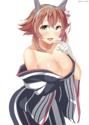 Rule 34 | 10s, 1girl, alternate costume, bad id, bad pixiv id, bare shoulders, blush, breasts, brown hair, cleavage, collarbone, commentary request, eyebrows, finger to mouth, flower, gloves, green eyes, hair between eyes, hair flower, hair ornament, headgear, japanese clothes, kankitsunabe (citrus), kantai collection, kimono, large breasts, looking at viewer, mutsu (kancolle), one-hour drawing challenge, short hair, simple background, solo, striped clothes, striped kimono, twitter username, white background, white gloves, wide sleeves, yukata