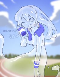 Rule 34 | 1girl, akira (meltyhip), blue sky, blurry, blurry background, bottle, colored sclera, colored skin, day, depth of field, grey eyes, grey hair, grey sclera, grey skin, grin, hair between eyes, hand up, highres, holding, holding bottle, long hair, looking at viewer, monster girl, one eye closed, original, outdoors, ponytail, signature, sky, slime girl, smile, solo, standing, tentacle hair, towel, towel around neck, see-through body, twitter username, water bottle, wristband