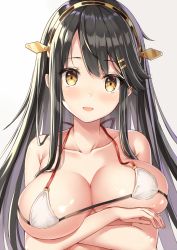 Rule 34 | 10s, 1girl, :d, bare arms, bare shoulders, bikini, black hair, blush, breast hold, breasts, brown eyes, cleavage, collarbone, covered erect nipples, gradient background, hair ornament, hairclip, halterneck, haruna (kancolle), headgear, highres, kantai collection, large breasts, long hair, looking at viewer, micro bikini, open mouth, rin yuu, sanpaku, shiny skin, sidelocks, simple background, skindentation, smile, solo, star (symbol), straight hair, strap gap, swimsuit, tareme, unaligned breasts, underboob, upper body, white background, white bikini