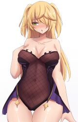 Rule 34 | 1girl, absurdres, blonde hair, blush, bodysuit, breasts, cleavage, collarbone, covered navel, fischl (genshin impact), fishnet bodysuit, fishnets, genshin impact, green eyes, highres, leotard, long hair, looking away, medium breasts, mistynight, one eye covered, open mouth, simple background, twintails, white background