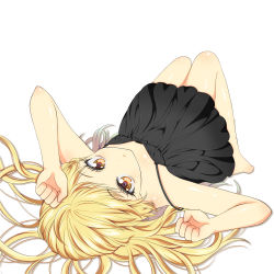 Rule 34 | 1girl, alternate costume, bare arms, barefoot, blonde hair, blush, breasts, breasts apart, chemise, commentary, downblouse, kirisame marisa, long hair, looking at viewer, lying, on back, simple background, sleepwear, small breasts, solo, toraneko0128, touhou, upside-down, wavy hair, white background, yellow eyes