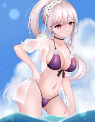 Rule 34 | 1girl, absurdres, azur lane, bikini, black choker, breasts, chinese commentary, choker, contrapposto, day, dunkerque (azur lane), dunkerque (summer sucre) (azur lane), earrings, front-tie bikini top, front-tie top, grey hair, hair ornament, high ponytail, highres, jewelry, lens flare, long hair, looking at viewer, medium breasts, mr2ran, navel, outdoors, puffy short sleeves, puffy sleeves, purple bikini, red eyes, see-through, short sleeves, solo, swimsuit, very long hair, wading, water