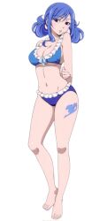 Rule 34 | 1girl, bare shoulders, barefoot, bikini, blue eyes, blue hair, blue tattoo, breasts, cleavage, fairy tail, highres, juvia lockser, large breasts, leg tattoo, navel, solo, swimsuit, tagme, tattoo, tattoo on thigh, thighs, twintails, underboob, white background