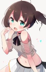 Rule 34 | 1girl, absurdres, ahoge, bare shoulders, black bow, black choker, bow, brown hair, choker, collared shirt, commentary request, detached sleeves, earrings, green eyes, grey background, grey shirt, groin, hair between eyes, hand up, highres, hololive, jewelry, looking at viewer, natsuiro matsuri, natsuiro matsuri (casual), navel, okota mikan, open mouth, pleated skirt, puffy short sleeves, puffy sleeves, see-through, see-through sleeves, shirt, short sleeves, simple background, skirt, sleeveless, sleeveless shirt, solo, twintails, virtual youtuber, white skirt