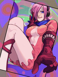 Rule 34 | 1girl, asymmetrical bangs, bare legs, blue eyes, blue scarf, breasts, cleavage, curly eyebrows, dress, elbow gloves, english text, gloves, hair over one eye, headphones, highres, large breasts, looking at viewer, multicolored background, one piece, p21, pink hair, pointing, pointing at viewer, red dress, red gloves, scarf, short dress, short hair, solo, thighs, tongue, tongue out, vinsmoke reiju