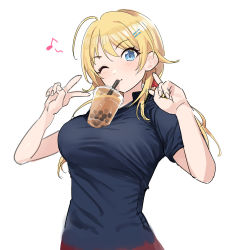Rule 34 | 1girl, ahoge, blonde hair, blue eyes, blue shirt, blush, breasts, bubble tea, bubble tea challenge, closed mouth, commentary, cowboy shot, double v, drinking straw, eyelashes, hachimiya meguru, hair ornament, hairclip, highres, idolmaster, idolmaster shiny colors, kaedeko (kaedelic), large breasts, long hair, looking at viewer, musical note, one eye closed, shirt, simple background, smile, solo, twintails, v, white background